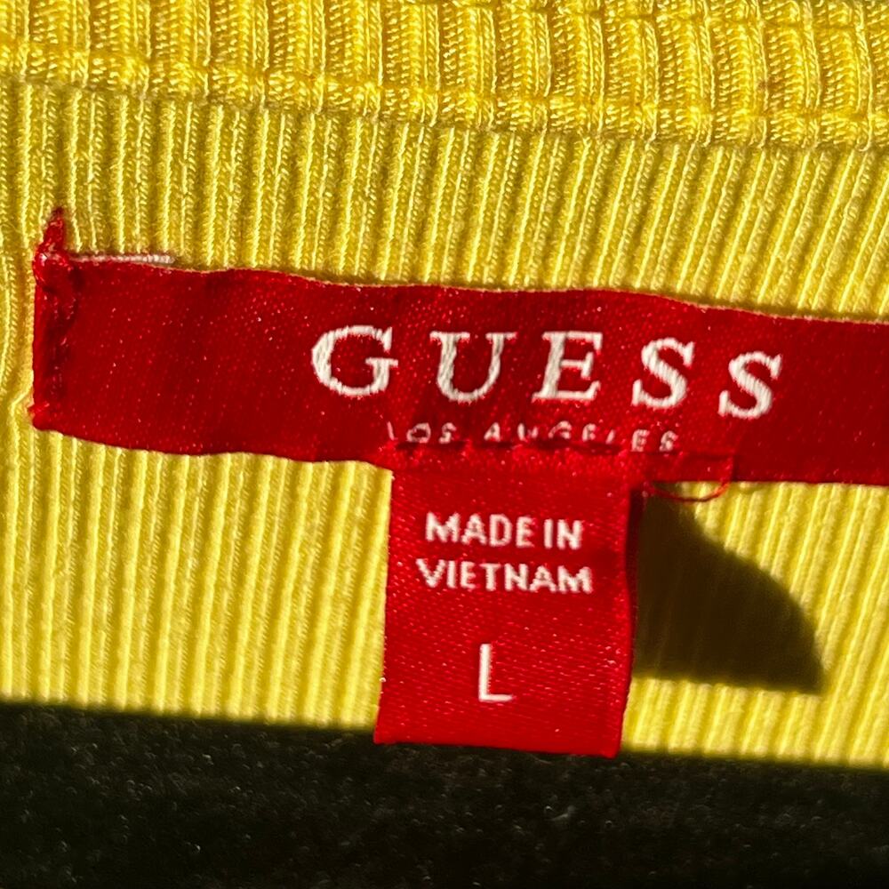 Guess Yellow Fitted Scoop Neck Ribbed  Midi Gold Button Detail Dress Sz M - Picture 6 of 7